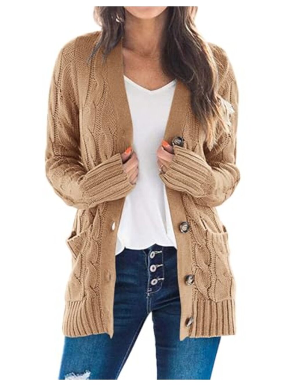 Cable Knit Cardigan Sweater Long Sleeve Button Down Open Front